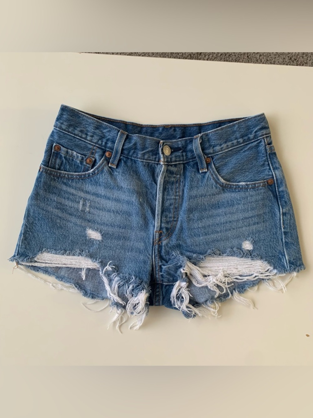 Levi's 501 Blue Distressed Denim Shorts